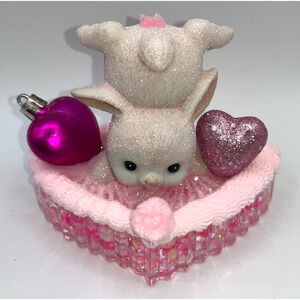 Vintage Valentine's Day Tumbling Bunny on Glass Glitter Heart Ornaments OMG OOAK